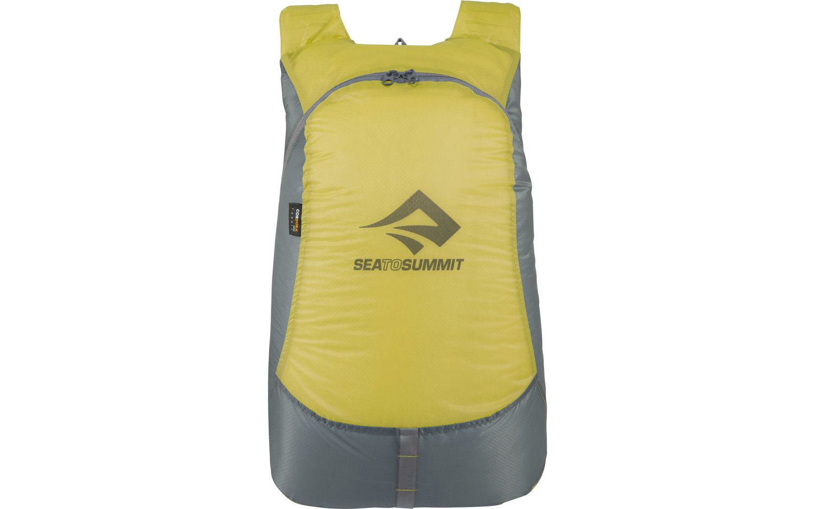 Gelber und grauer Rucksack mit schwarzem Logo auf der Vorderseite