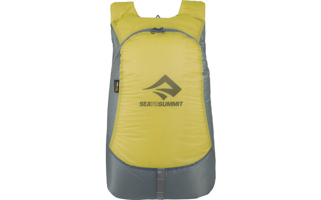 Gelber und grauer Rucksack mit schwarzem Logo auf der Vorderseite