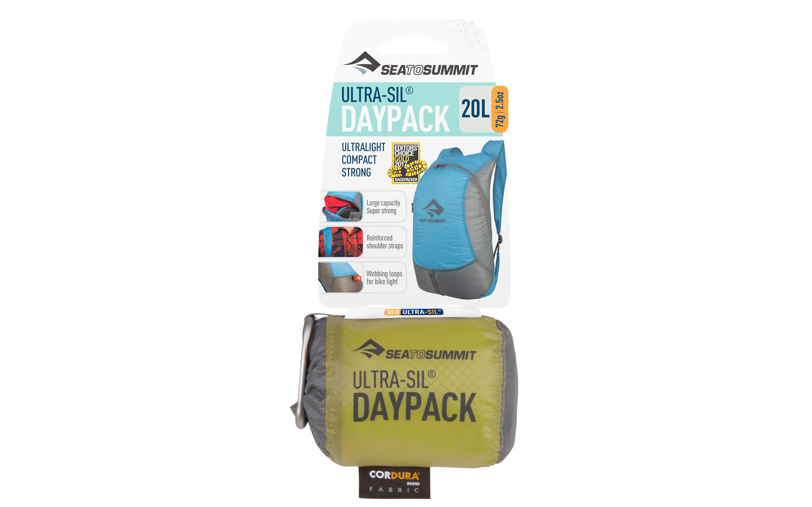 Verpackung mit blauem und grauem Ultra-Sil Daypack mit 20 Litern Fassungsvermögen