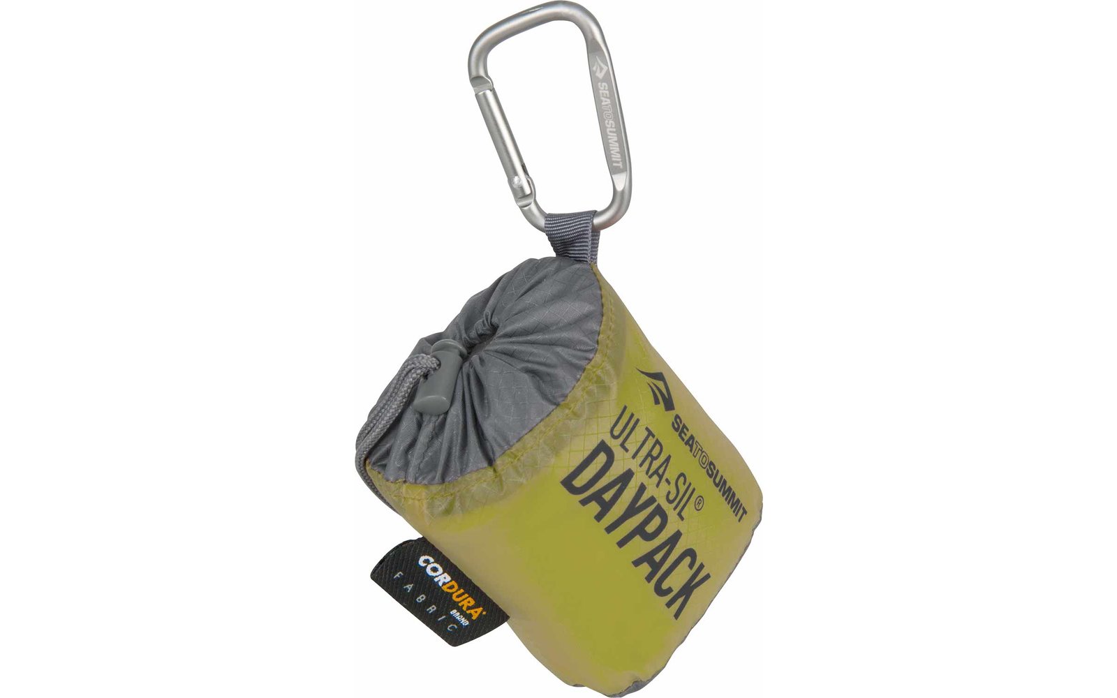 Kompakte gelbe Tasche mit grauem Stoff, befestigt an einem Metallkarabiner