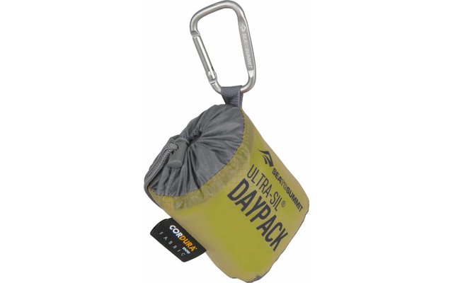 Kompakte gelbe Tasche mit grauem Stoff, befestigt an einem Metallkarabiner