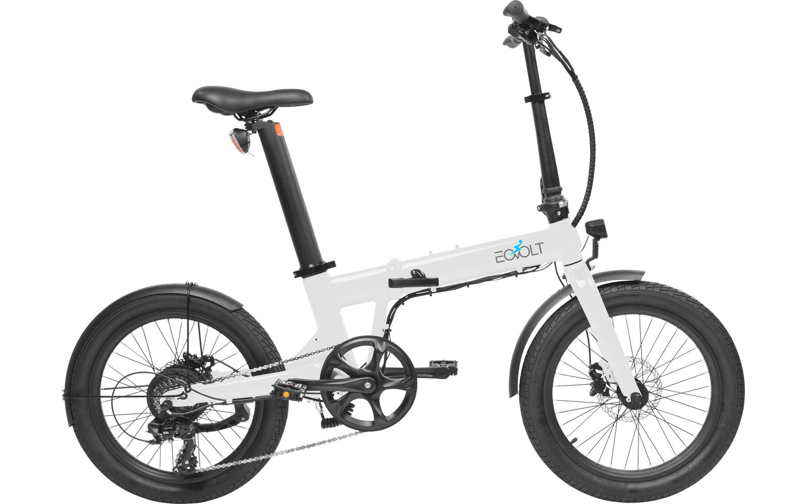 Weißes Klapprad mit schwarzen Reifen, schwarzem Sattel und Lenker auf weißem Hintergrund