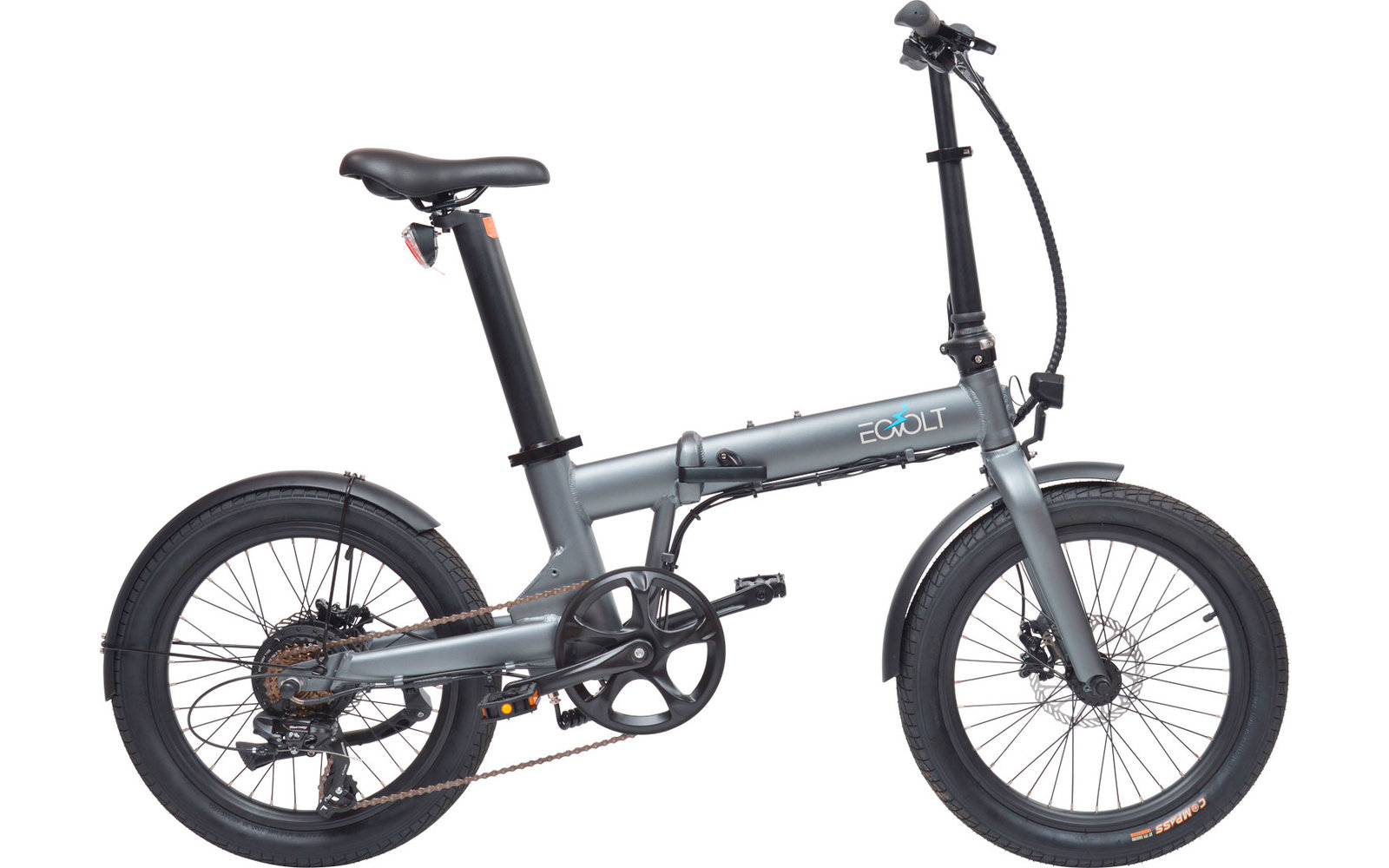 Klappbares graues Fahrrad mit schwarzen Reifen und kurzer Rahmenlänge