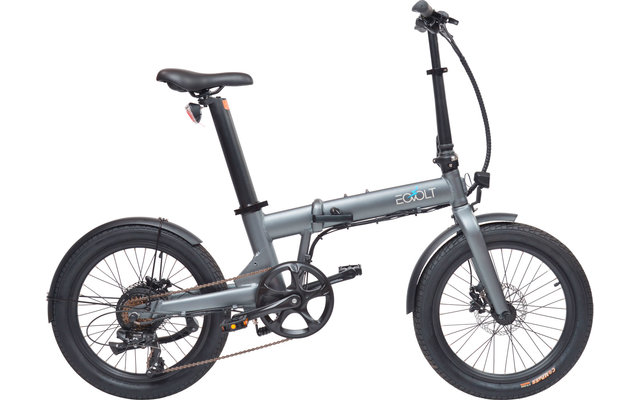 Klappbares graues Fahrrad mit schwarzen Reifen und kurzer Rahmenlänge