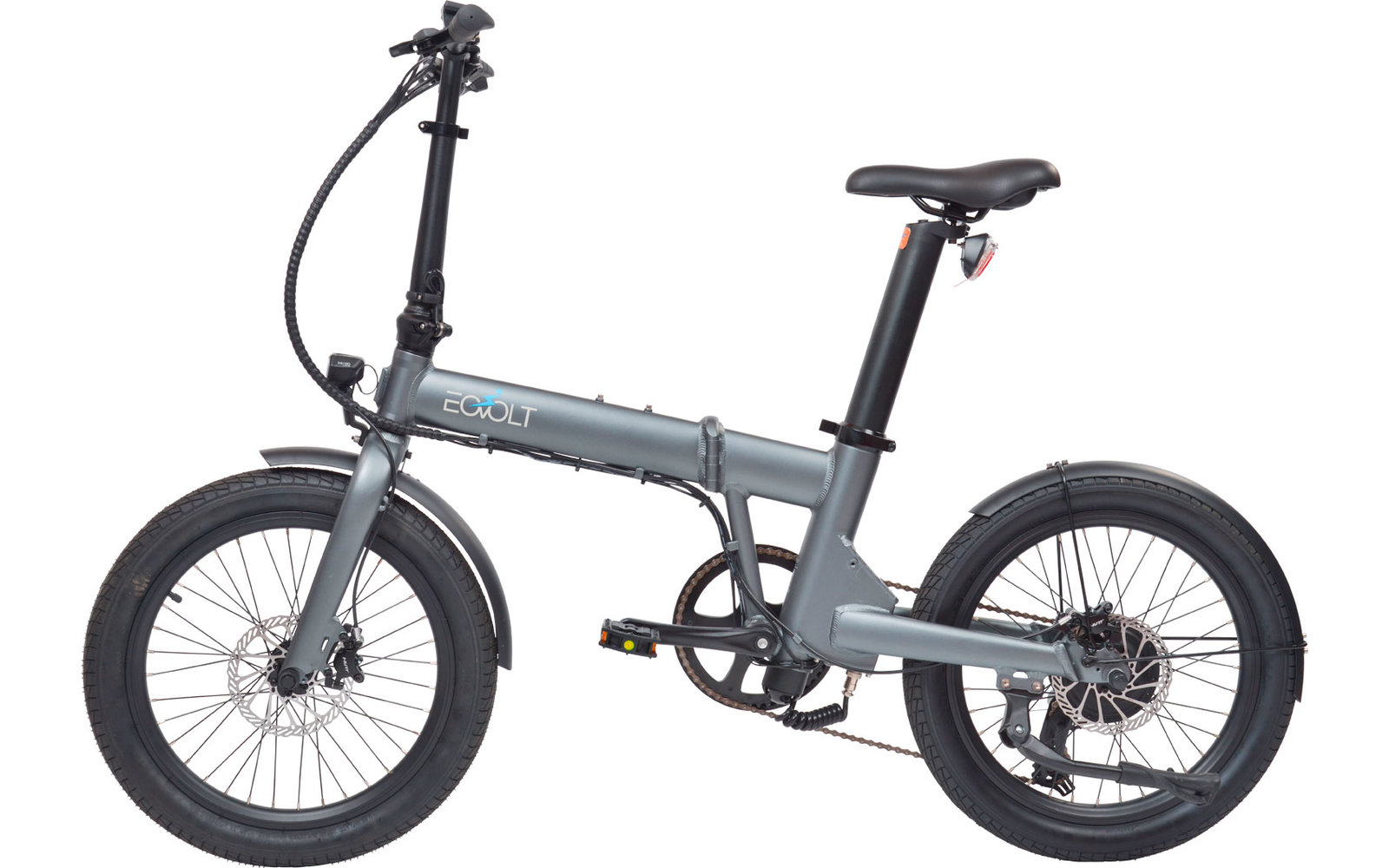 Kompaktes graues Klappfahrrad vor weißem Hintergrund