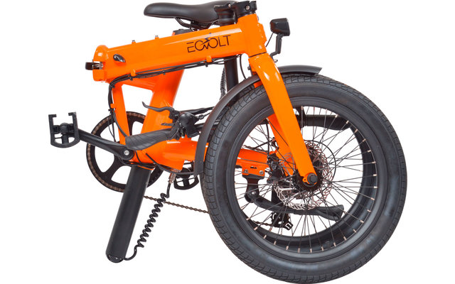 Gefaltetes oranges E-Bike mit schwarzem Sitz und schwarzen Reifen