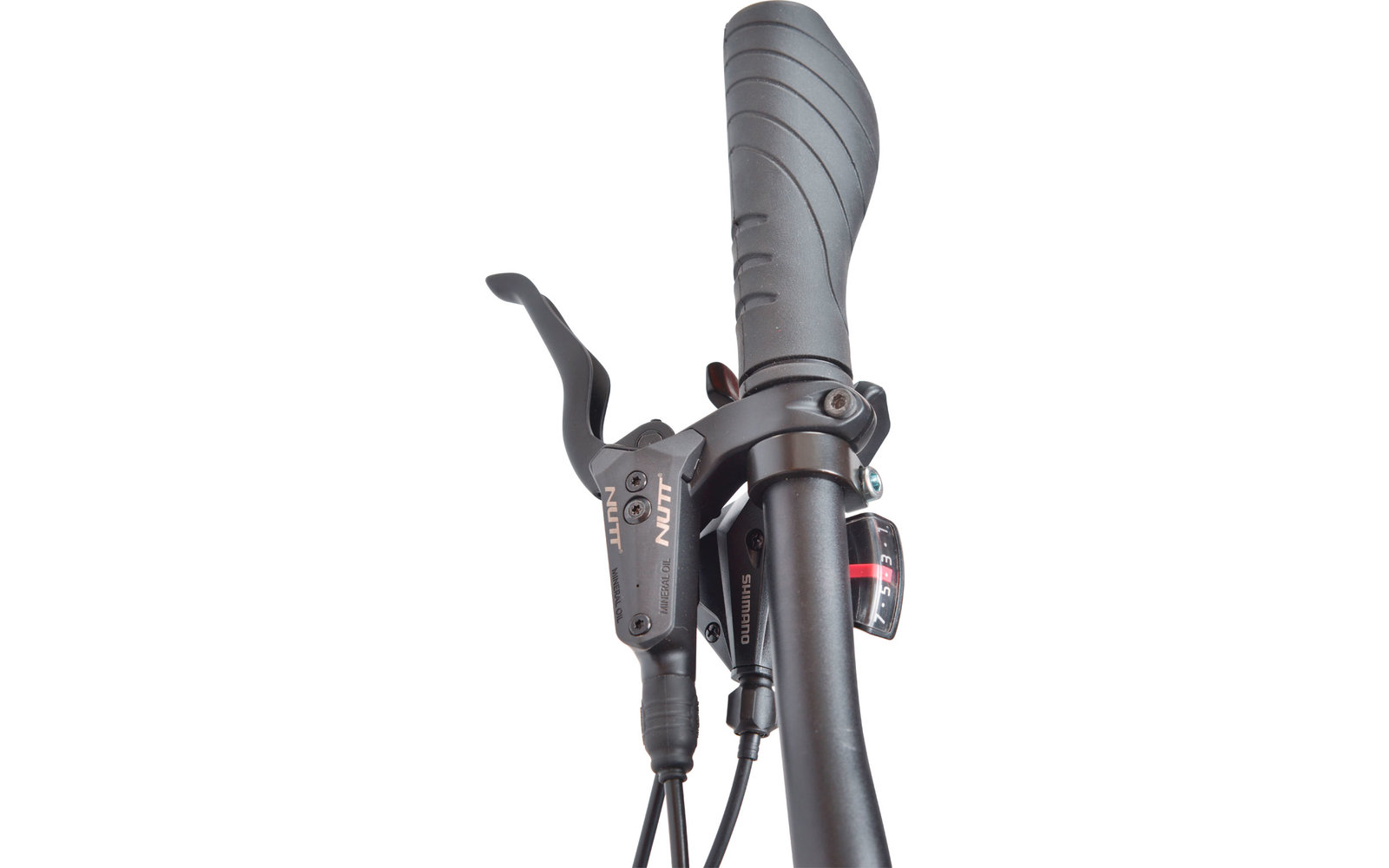 Fahrradlenker mit Handgriff und Bremshebel, weißer Hintergrund