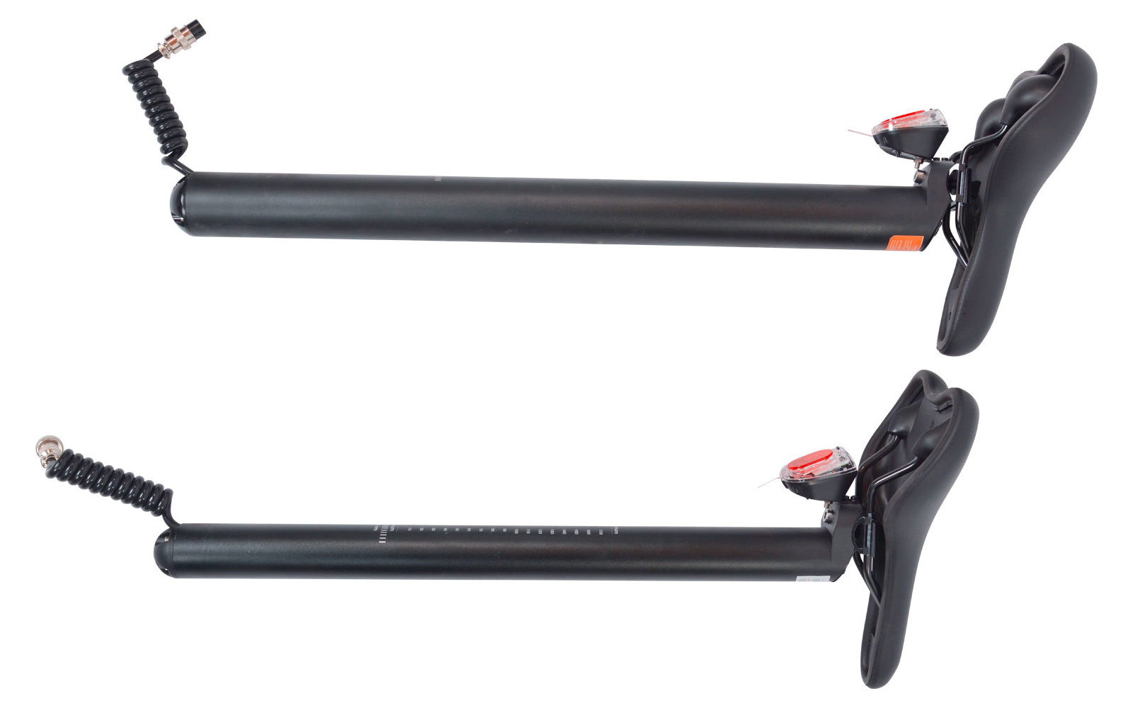 Zwei schwarze verstellbare Fahrrad-Sattelstützen mit Schnellspannhebeln