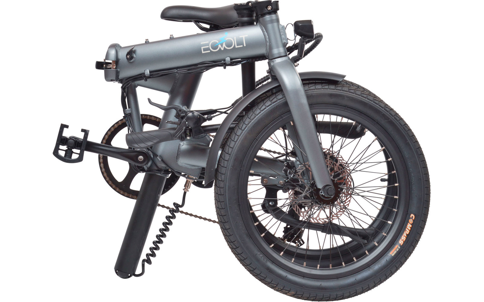 Gefaltetes graues Elektrofahrrad mit sichtbarem Vorderrad und Pedal