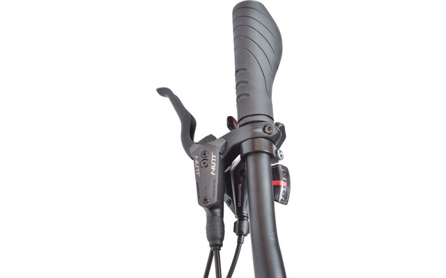 Nahaufnahme eines Fahrradlenkers mit Schaltgriffen und Bremshebeln