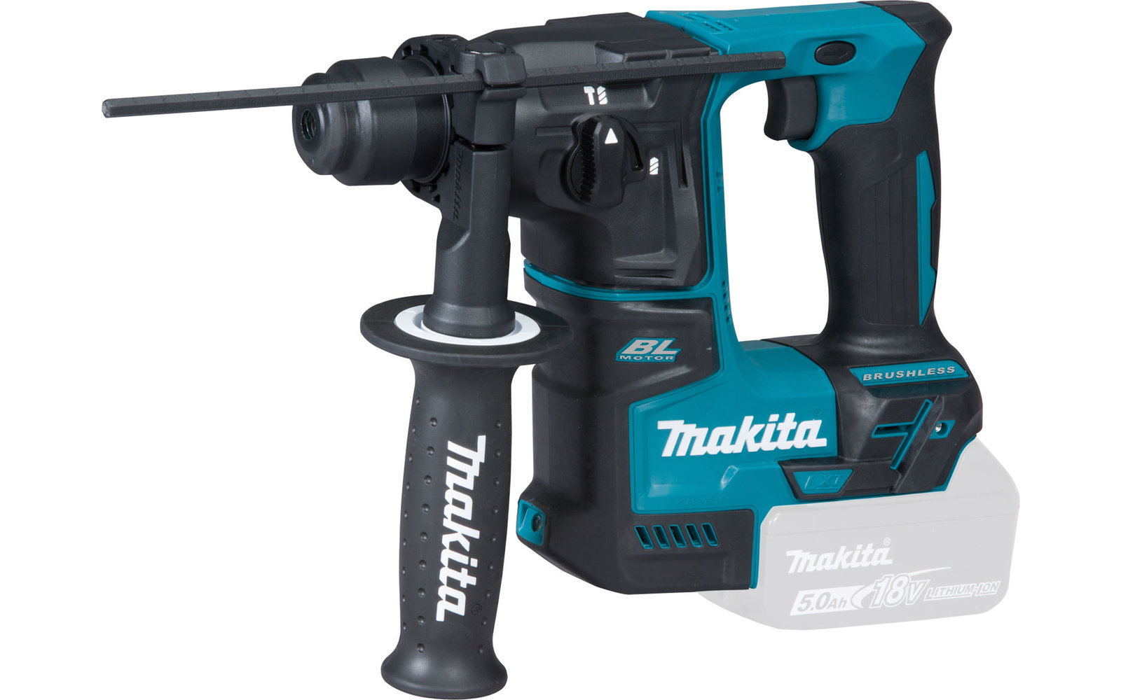 Akku-Bohrhammer von Makita in Schwarz und Blau mit seitlichem Griff