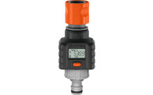 Schwarzer und grauer Wasserhahn-Timer mit orangefarbenem Anschluss und digitalem Display