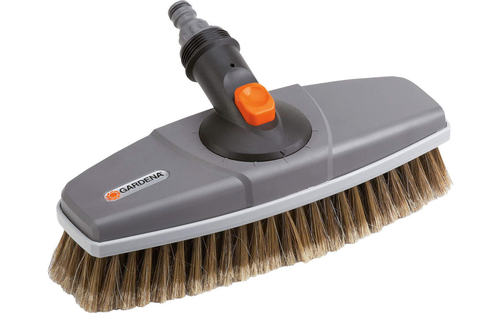 Gray brush with brown bristles and black connector for a hose