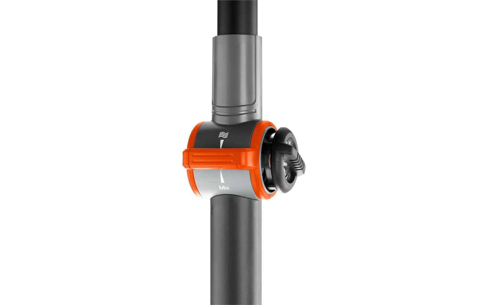 Plastic hose connector in gray and orange attached to two gray pipes