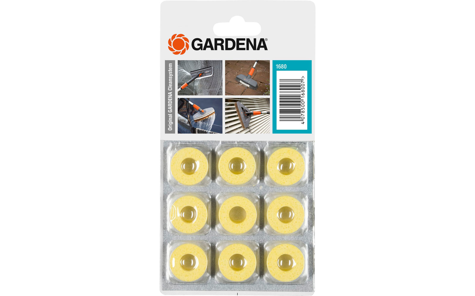 Package with nine yellow Gardena replacement blades
