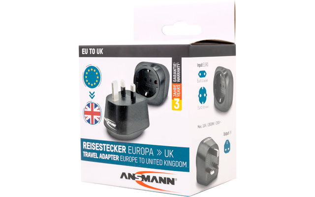 Ansmann travel plug / adapter EU to UK with protective conductor