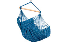 Blue hanging chair with white checkered pattern and wooden crossbar