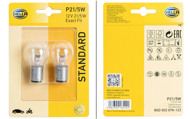 Hella P21/5W Standard bulb indicator / position / stop / rear fog / reverse light 12 V / 21 W 2-piece set white