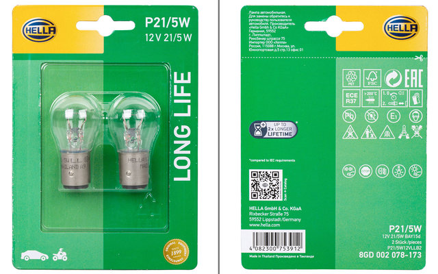 Hella P21/5W Long Life bulb indicator / position / stop / rear fog / reverse light 12 V / 21 W 2-piece set white