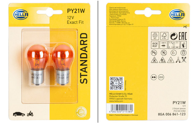 Hella PY21W Standard bulb indicator / position / stop / rear fog / reverse light 12 V / 21 W Set of 2 orange