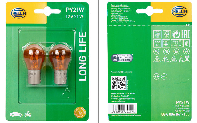 Hella PY21W Long Life lamp indicator / positie / stop / mist achteraan / achteruitrijlicht 12 V / 21 W set van 2 oranje