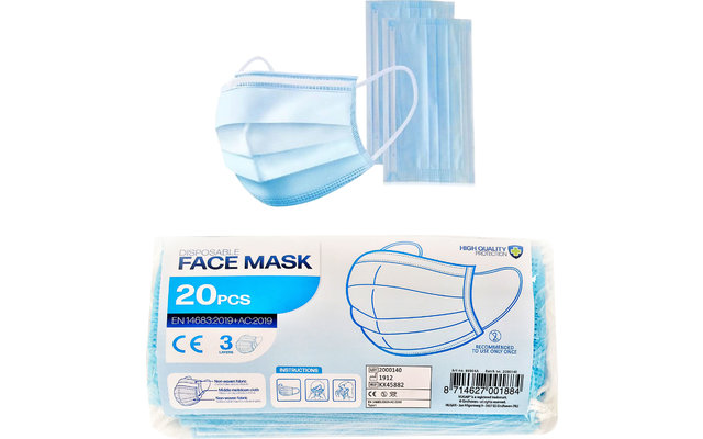 Masques buccaux et nasaux jetables 3 couches 20 pièces