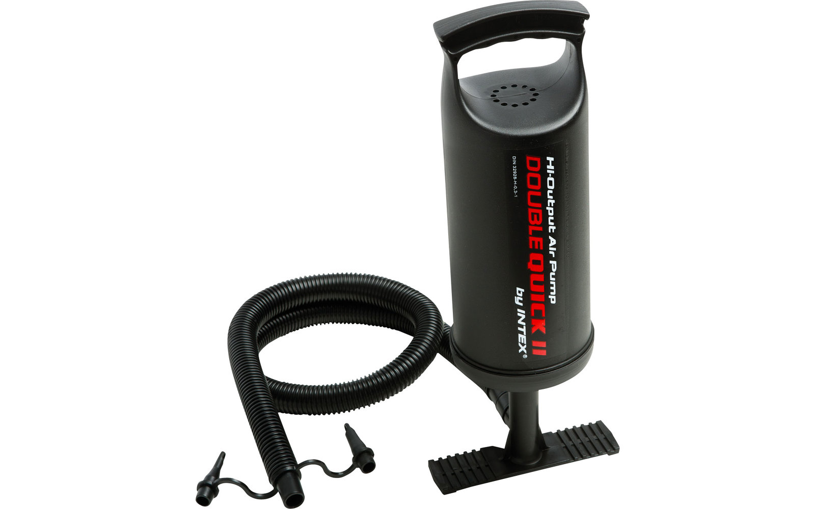 Schwarze Handluftpumpe mit gebogenem Schlauch und Düse auf weißem Hintergrund
