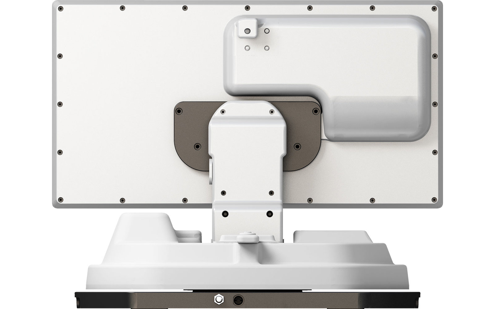 Achteraanzicht van een witte touchscreencomputer met standaard