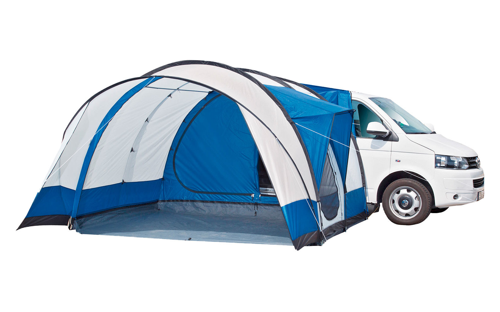 Blau-weißer Zelt mit geöffnetem Eingang auf grünem Gras