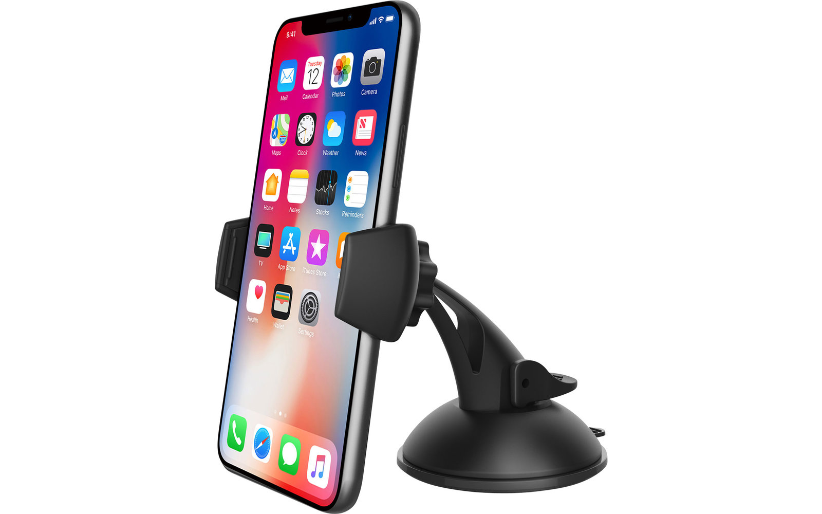 Smartphone in a black holder with suction cup