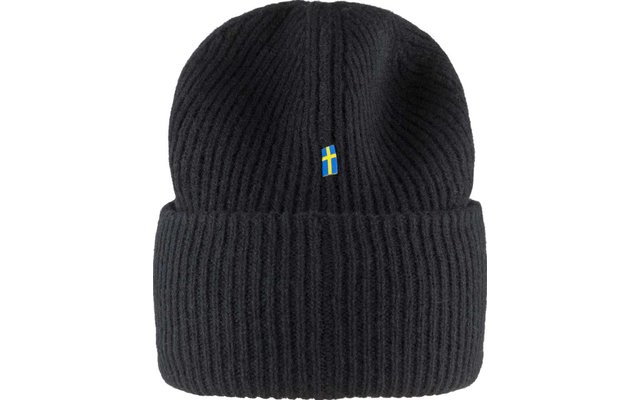 Schwarze gestrickte Mütze mit Umschlag und kleinem türkisem Logo vorne