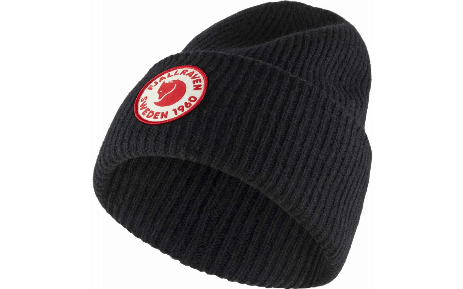 Schwarze Strickmütze mit rotem runden Aufnäher