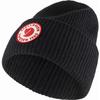 Schwarze Strickmütze mit rotem runden Aufnäher