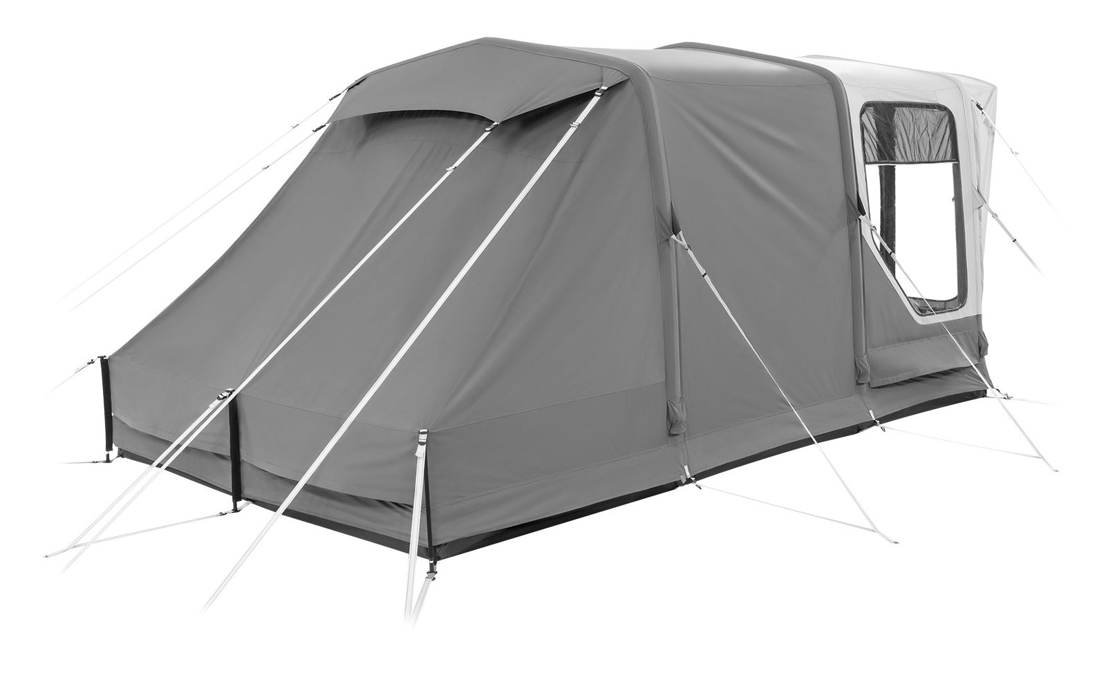 Graues Zelt mit mehreren Befestigungsseilen auf weißem Hintergrund