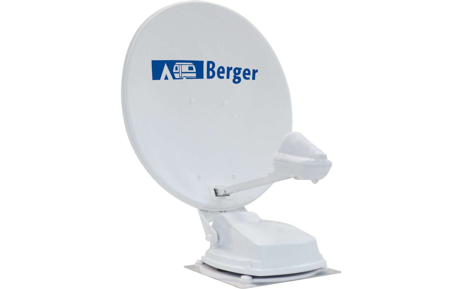 Antenne parabolique blanche avec logo Berger sur fond blanc