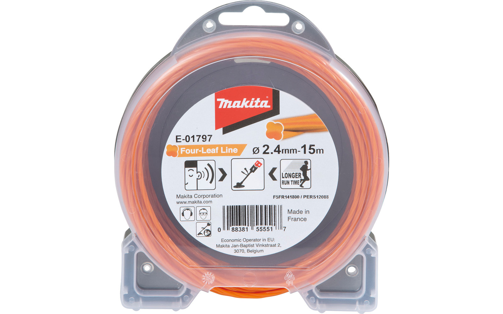 Runde orangene Fadenspule für Rasentrimmer in transparenter Kunststoffverpackung