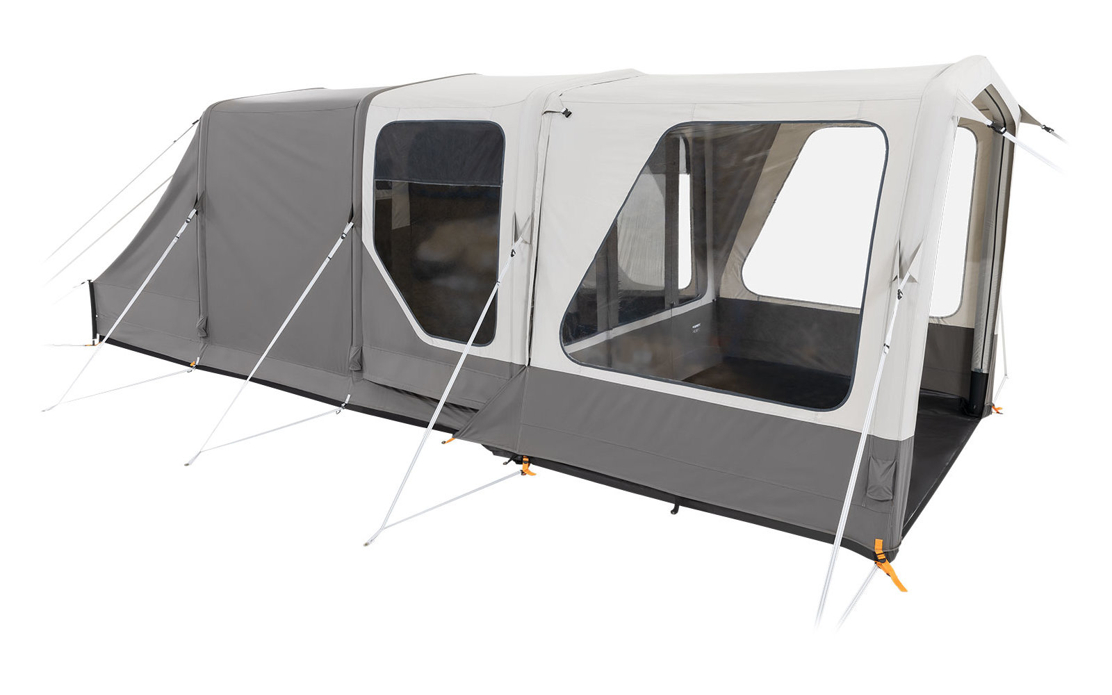 Zelt mit drei Fenstern und zwei Eingängen auf Grasfläche