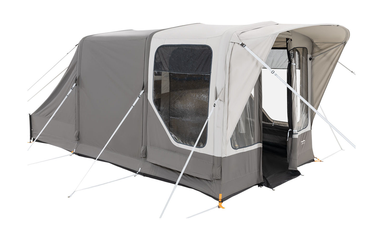 Aufblasbares graues und weißes Camping-Zelt mit großer Eingangstür und Fenstern