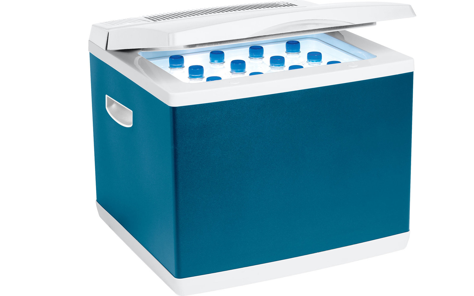 Blaue Kühlbox mit geöffnetem Deckel und Eiswürfeln innen