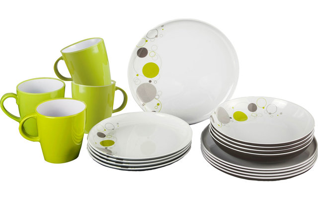 Weiße Teller und grüne Tassen mit Kreisdesign