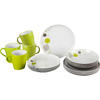 Weiße Teller und grüne Tassen mit Kreisdesign