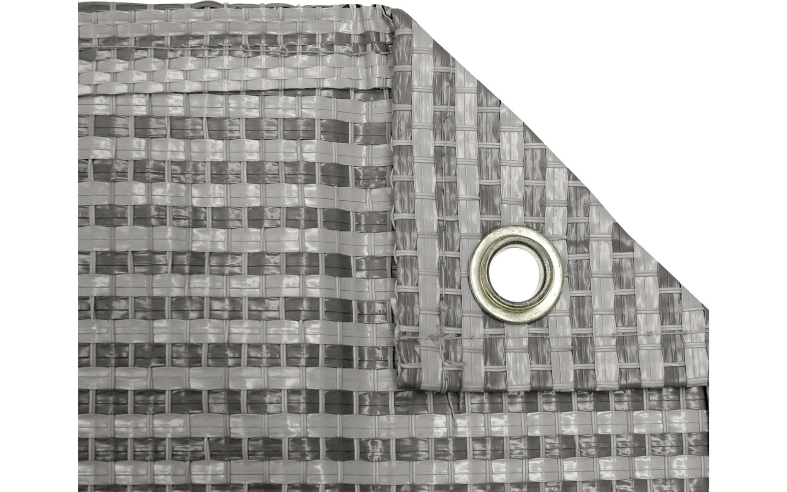 Primo piano di un materiale per schermo di privacy grigio con un occhiello metallico nell'angolo