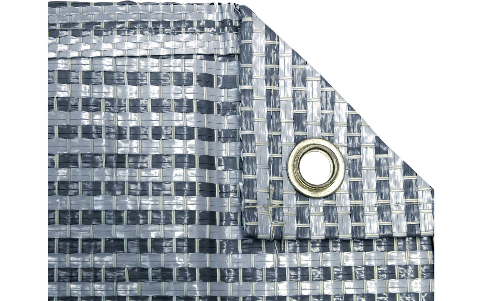 Primo piano di un telo argento con occhiello metallico nell'angolo