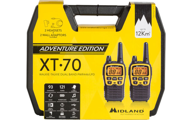 Midland XT70 Adventure PMR446 radio set case incl. auriculares, baterías y cargadores