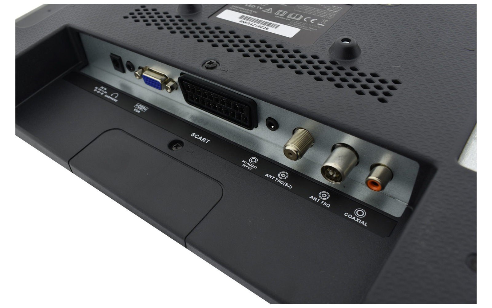 Ansicht der Rückseite eines Fernsehers mit verschiedenen Anschlüssen wie VGA, SCART und Cinch