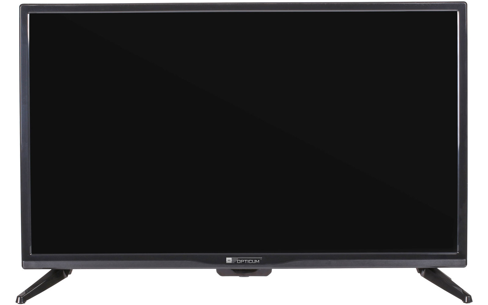 Ein schwarzer Flachbildfernseher auf zwei Standfüßen vor weißem Hintergrund