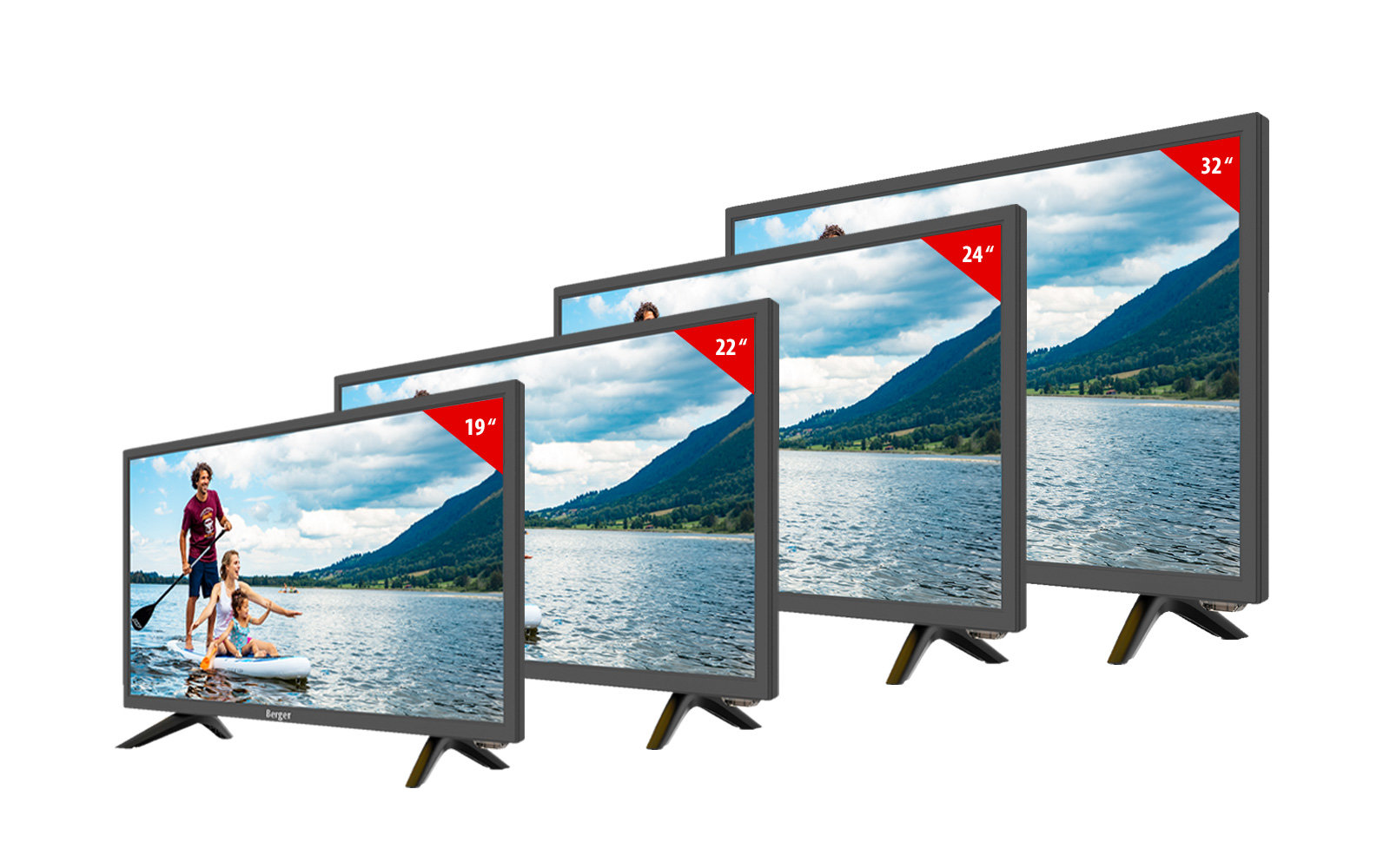 Vier Fernseher in verschiedenen Größen zeigen eine Frau mit einem Hund am See vor Bergen