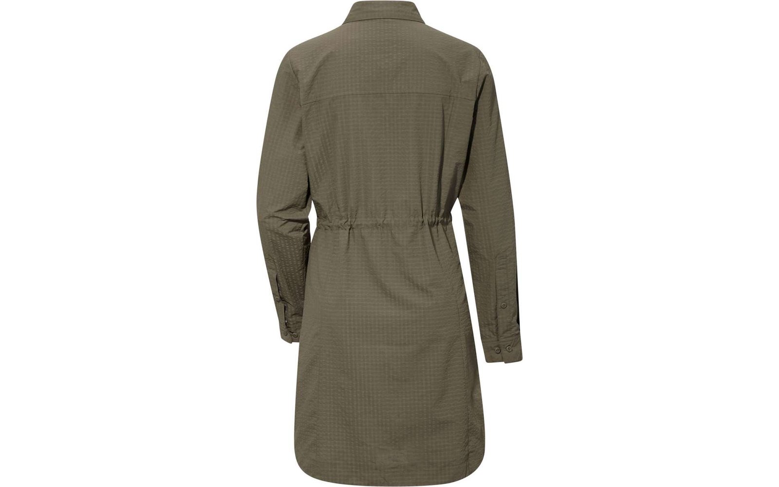 Rückansicht eines langen olivgrünen Mantels mit Gürtel