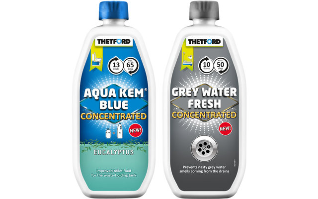 Thetford Aqua Kem Blue Concentrated Eucalyptus 780 ml + Grey Water Fresh Concentrated 800 ml Sanitärflüssigkeiten 2-er Pack
