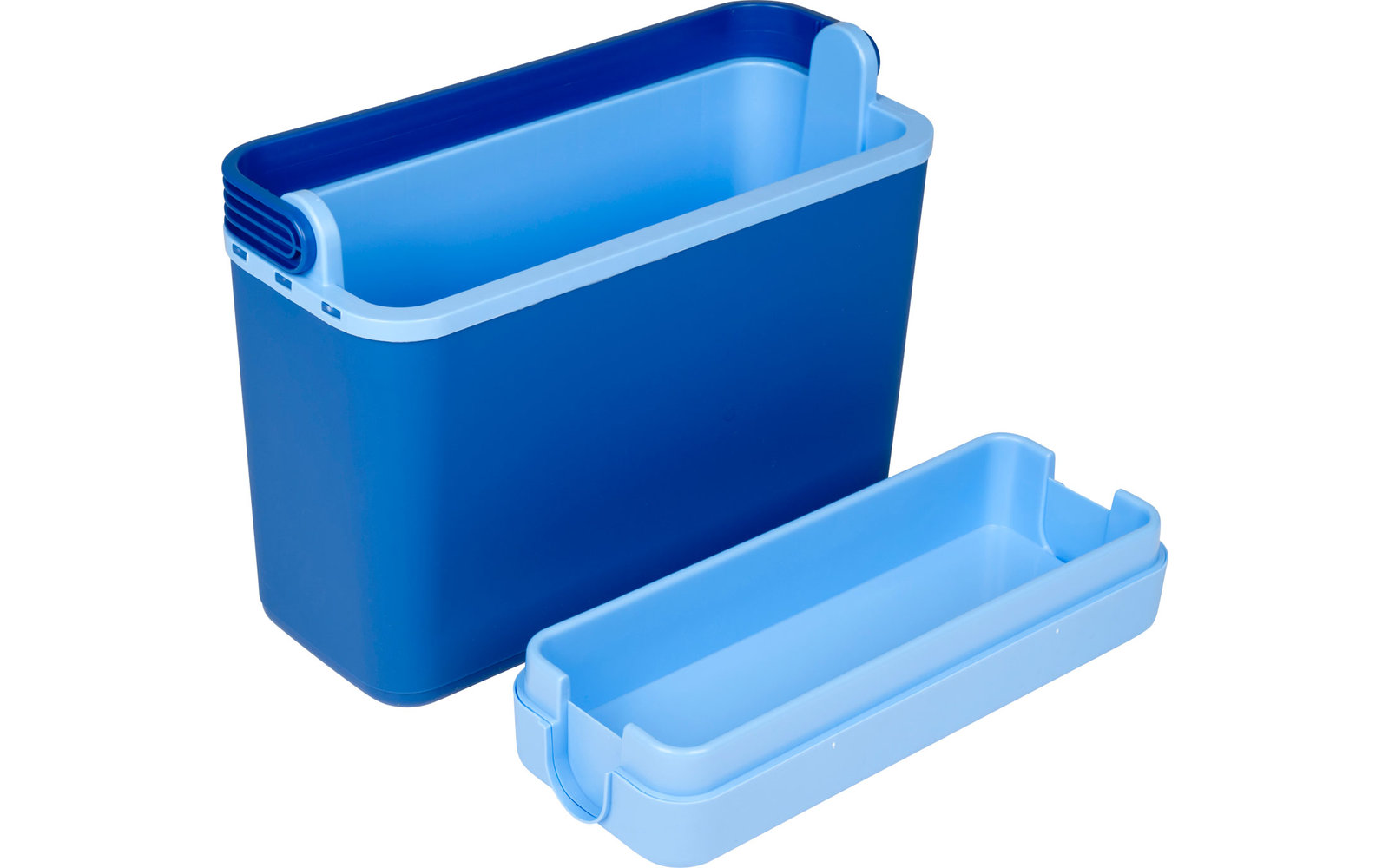 Blauer rechteckiger Kunststoffbehälter mit passendem Einsatz daneben